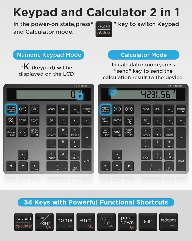 HoRiMe Number Pad for Laptop - Rechargeable Wireless Number Keypad 34 Keys with Dual Bluetooth, 2 in 1 Numeric Keypad Calculator with Display - Portable Slim Numpad for Windows, Mac, iMac, PC, Tablet - Image 4